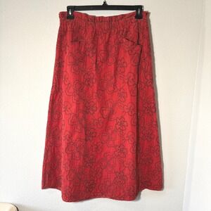 FLAX Rust Red Floral Maxi Skirt Elastic Waist Pockets Women's Medium Cottagecore